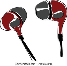 A pair of red earphones with gray ear tips, vector, color drawing or illustration. 