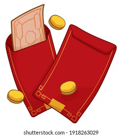 Pair of red envelopes, one opened with banknote and golden coins for Chinese holidays, isolated over white background.