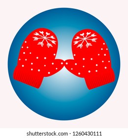 A pair of red gloves decorated with sequins and a snowflake on a blue background.