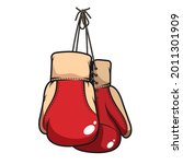Pair of red hanging boxing gloves. Vector retro illustration.