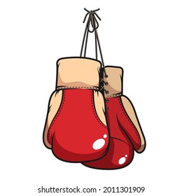 Pair of red hanging boxing gloves. Vector retro illustration.