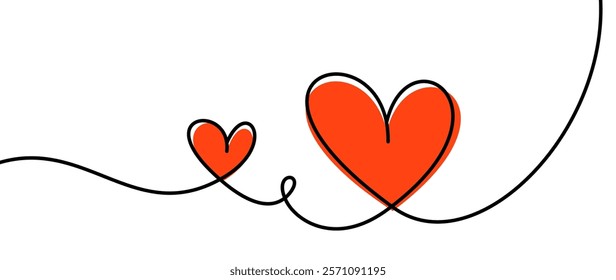 Pair of red hearts connected by a flowing black line, symbolizing love and unity. Vector illustration.