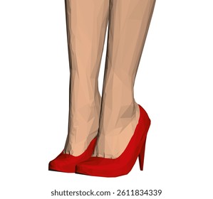 A pair of red high heels with a woman's legs. The shoes are pointed and the legs are thin