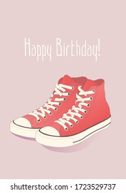 A pair of the red high top sneakers with white laces on the monochrome background. Happy birthday flat line vector illustration, card, banner, poster