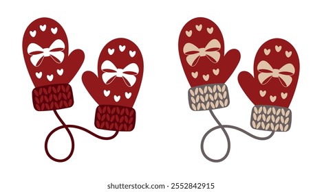 Pair of red knitted mittens with bow and hearts. Warm accessory for winter. Decorative element for Christmas design. Knitted mittens with white pattern.