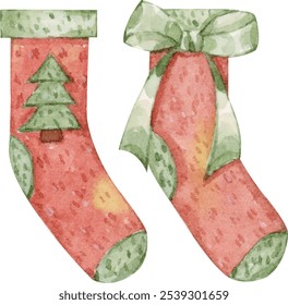 A pair of red knitted socks with bow decorations