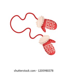 Pair of red knitted woolen mittens on rope. Warm winter accessory with pattern and white fur. Flat vector icon