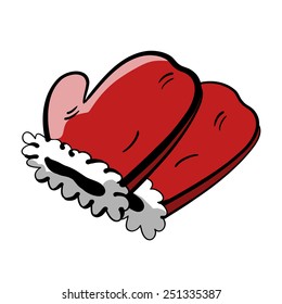 Pair of red mittens. A children's sketch. Color image.