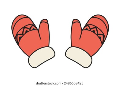 A pair of red mittens in a vector style, isolated on white background. Ideal for winter-themed designs, holiday cards, and seasonal decorations.