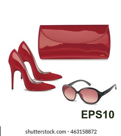 Pair of red patent leather female high-heeled shoes, mini bag and sunglasses. Vector illustration