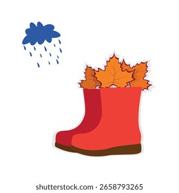 Pair of red rain boots decorated with orange leaves and cartoon rain cloud. Fully editable vector with customizable background.