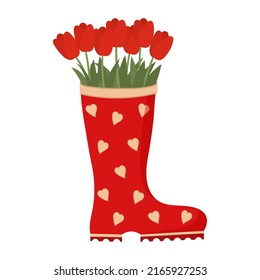 Pair of red rain boots with hearts and red tulips bouquet. Cute gumboots. Wellingtons. Spring illustration. Isolated flat vector illustration on white background