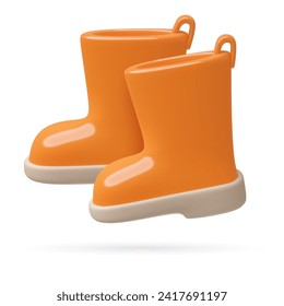 A pair of red rain rubber boots. 3D Realistic minimal footwear icon. Three dimensional vector illustration isolated on white background.