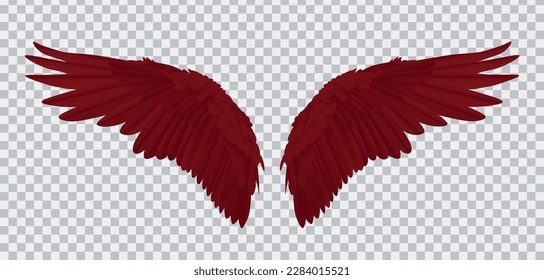 Pair of red realistic wings on transparent background vector illustration