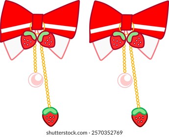 Pair of Red ribbon earrings with golden laces with pearls and strawberry trinket.