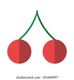 Pair of red ripe cherries with green twig isolated on white background. Flat design. Vector illustration. EPS 8, no transparency