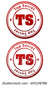 Pair of red rubber stamps in grunge and solid style with caption Top Secret and abbreviation TS