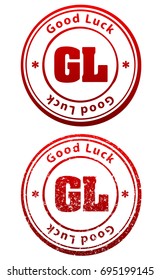 Pair of red rubber stamps in grunge and solid style with caption Good Luck and abbreviation GL