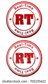 Pair of red rubber stamps in grunge and solid style with caption Real-Time and abbreviation RT  