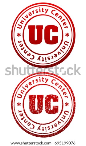 Pair of red rubber stamps in grunge and solid style with caption University Center and abbreviation UC