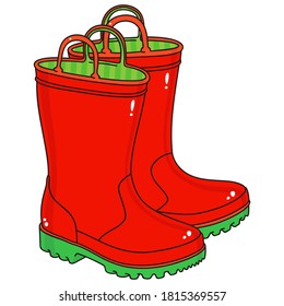 Pair of red rubber wellington boots for kids with green sole vector illustration