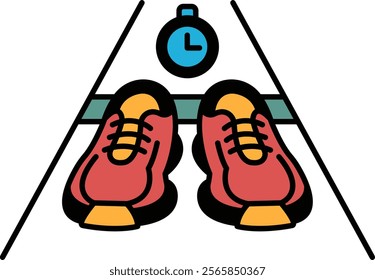 A pair of red running shoes are on a white track with a clock in the background. The clock is set at 12:00