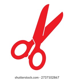 A pair of red scissors with open blades and handles