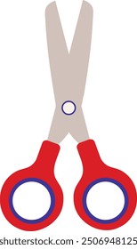 A pair of red scissors with silver blades and a blue circle in the center.
