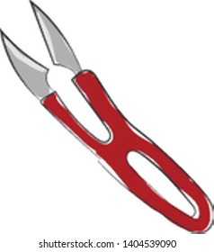 A pair of red sheers with two blades at the end, vector, color drawing or illustration. 