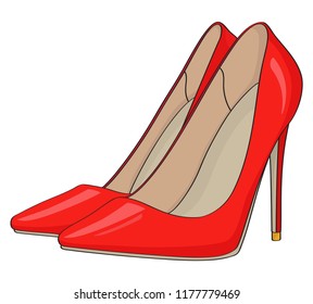 A pair of red shiny leather stiletto heels with gold heel-pieces