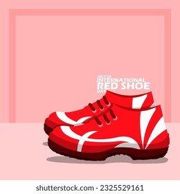 A pair of red shoes with bold text on pink background to commemorate International Red Shoe Day on July 25 in Australia