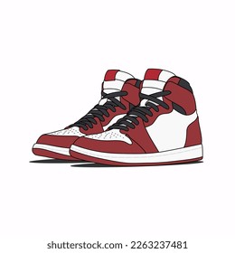 Pair of Red Sneakers Shoes with black and white accents isolated on a white background. Vector Illustration