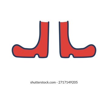 Pair of red snow, winter boots isolated on transparent. Hand drawn line drawing vector illustration. Traditional holiday, Christmas, seasonal design element, winter clothes, footwear clip art