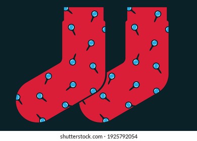 Pair Of Red Socks With The Pattern Of Magnifying Glasses On Black Background.
Amateur Detective Concept Illustration.