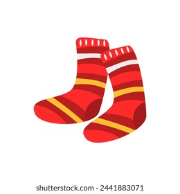 Pair of red socks with yellow stripes. Suitable for fashion blogs, clothing advertisements, and sock product designs.