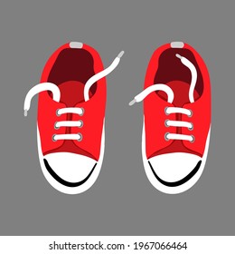 A pair of red textile sneakers with a rubber toe and loose laces. Hand drawn vector illustration in flat cartoon stile. Shoes of modern skaters for training. Isolated object.