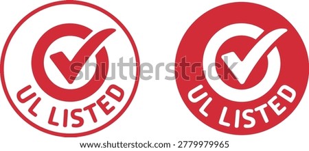 Pair of red UL listed certification labels with check mark isolated on white background