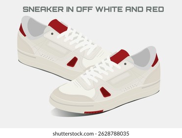 Um par de tênis vermelho e branco com cadarços em um fundo branco. Ilustração vetorial