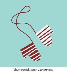 A pair of red and white striped mittens on a string. Vector illustration for autumn and winter design in a decorative cartoon style.