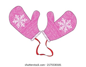 A pair of red wooly Christmas mitten gloves with a snowflake isolated on a white background