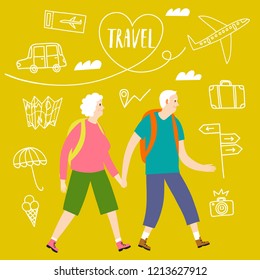 A pair of retired travelers with a backpacks. Backpacker illustration with doodle drawings for your design.