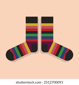 A pair of retro and funky isolated neat and clean colorful stripy toe out socks on pink background - with top view mirror layout close up 