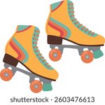 Pair of retro roller skates isolated on white. Yellow shoes for skating white colorful stripes