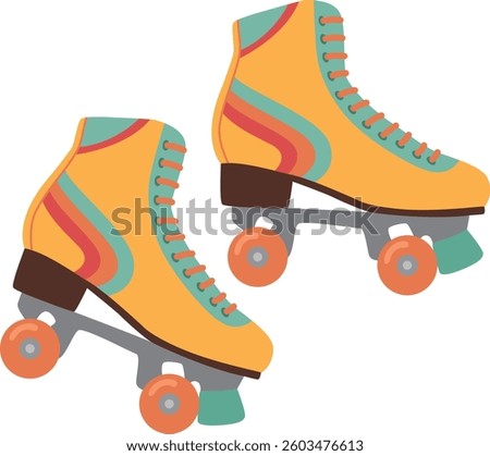 Pair of retro roller skates isolated on white. Yellow shoes for skating white colorful stripes