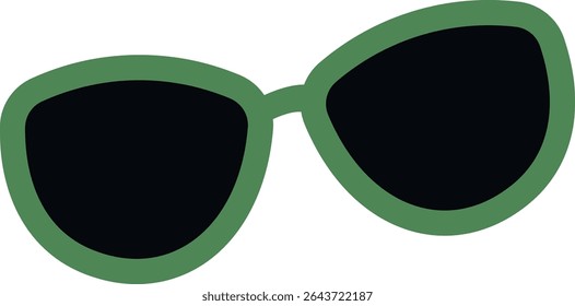 A pair of retro sunglasses with a thick frame and dark lenses in a flat style. The eyewear features a bold outline and classic shape. Cartoon vector illustration.