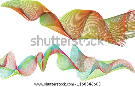 A pair of ribbon waves with the top ribbon with flowing double-layered lines of orange, brown and green tones and the bottom ribbon in a double layered tumbling river of green, blue and red.