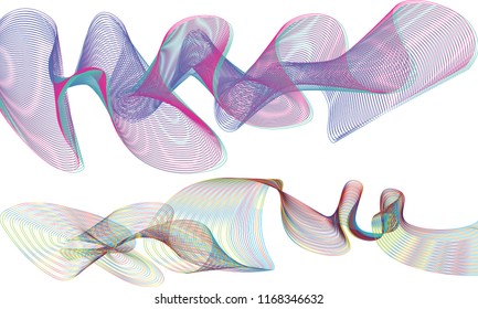 A pair of ribbon waves with the top ribbon in undulating double-layered lines of red violet, grayish-blue and green and the bottom ribbon in a single layer of randomly colored gradient stripes.