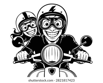 Pair of riders on a motorcycle facing the camera with helmets and goggles