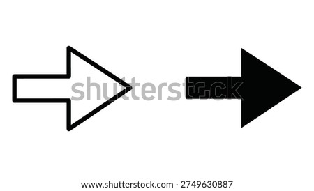 A pair of right-facing arrow icons, one outlined and one solid black, presented side-by-side on a clean white background. These versatile symbols represent direction, next steps, forward movement, and navigation.