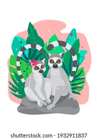 A pair of ring tailed lemurs are sitting on a stone boulder against the backdrop of plants. Vector illustration. Two cartoon characters in love with ring-tailed lemurs.